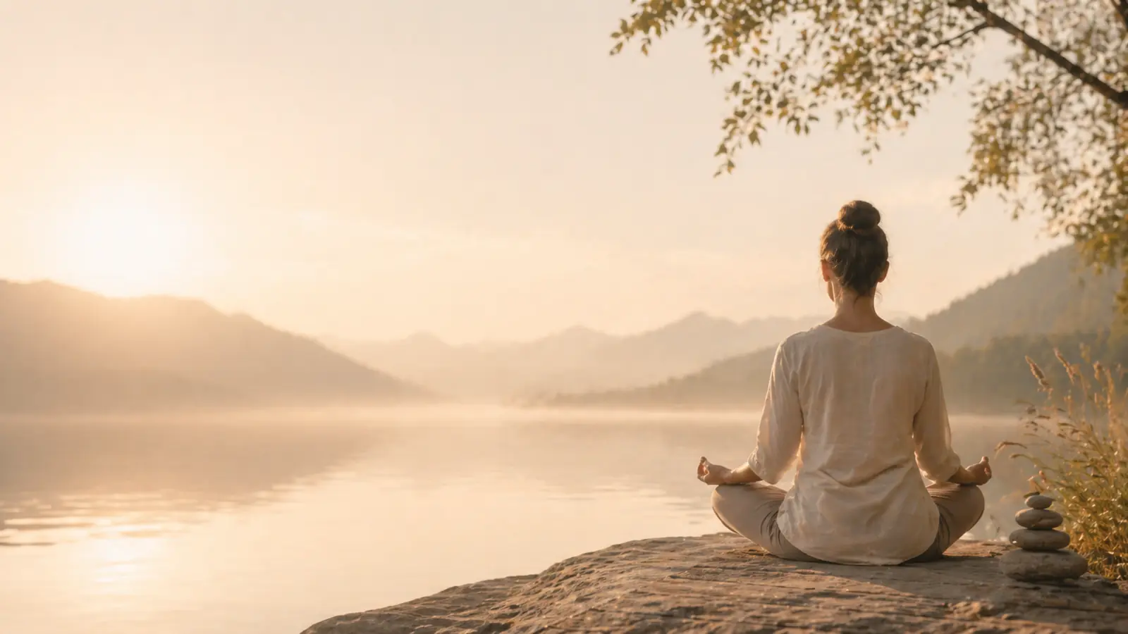 A person meditating on a rock above a misty lake at sunrise