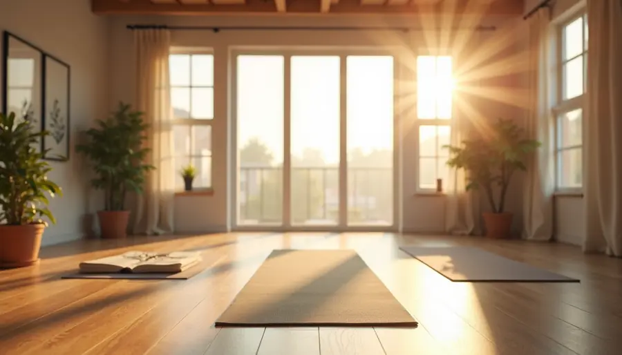 A yoga mat on a wood floor in a sunlit studio