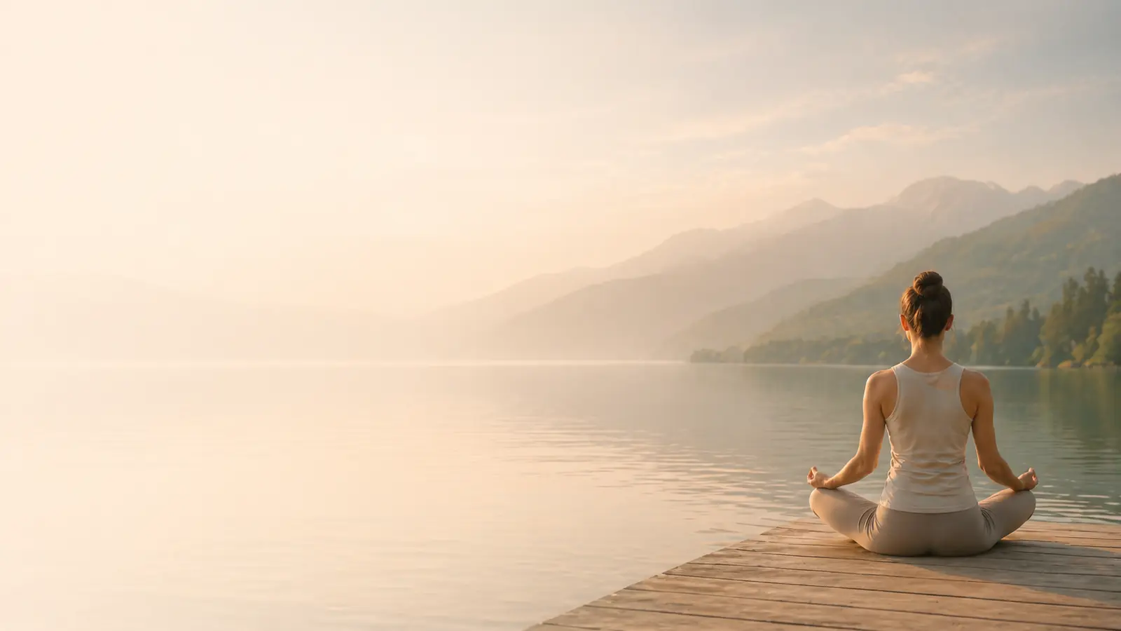 A person meditating on a dock beside a calm lake at sunrise