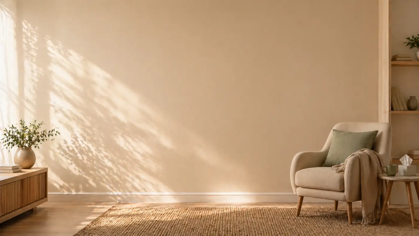 A quiet, sunlit counselling room with an armchair