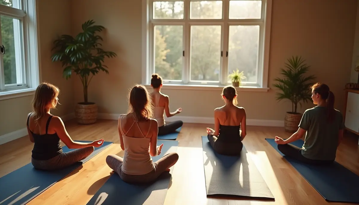 Students seated on mats in a sunlit yoga studio